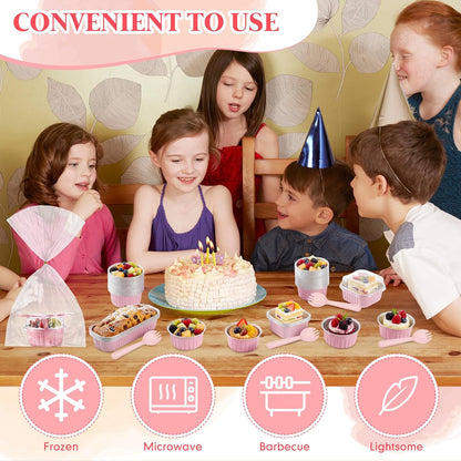 150 Set Pink Mini Cake Pans with Lids, 6.8oz & 5oz Aluminum Foil Baking Cups Set, Rectangular Square Round Shapes for Brownies, Cheesecake, Muffins, Cupcakes, Party Dessert Making & Gifting