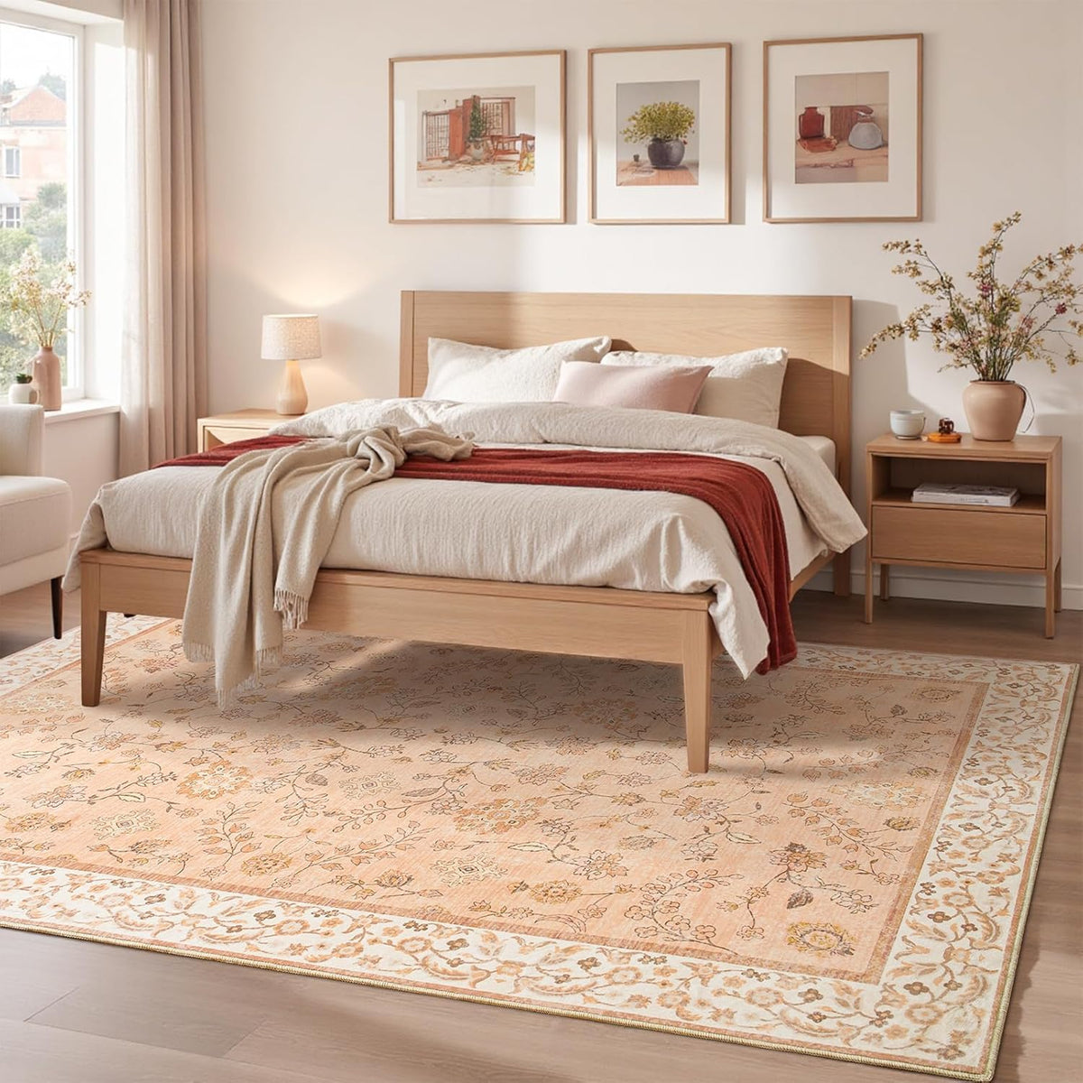 Peach Rug for Girls Room, 4x6 Floral Washable Area Rug Non Slip, Boho Low Pile Carpet with Rubber Backing for Bedroom Living Room Bathroom Playroom Nursery Office