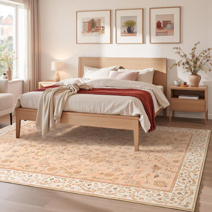 Peach Rug for Girls Room, 4x6 Floral Washable Area Rug Non Slip, Boho Low Pile Carpet with Rubber Backing for Bedroom Living Room Bathroom Playroom Nursery Office