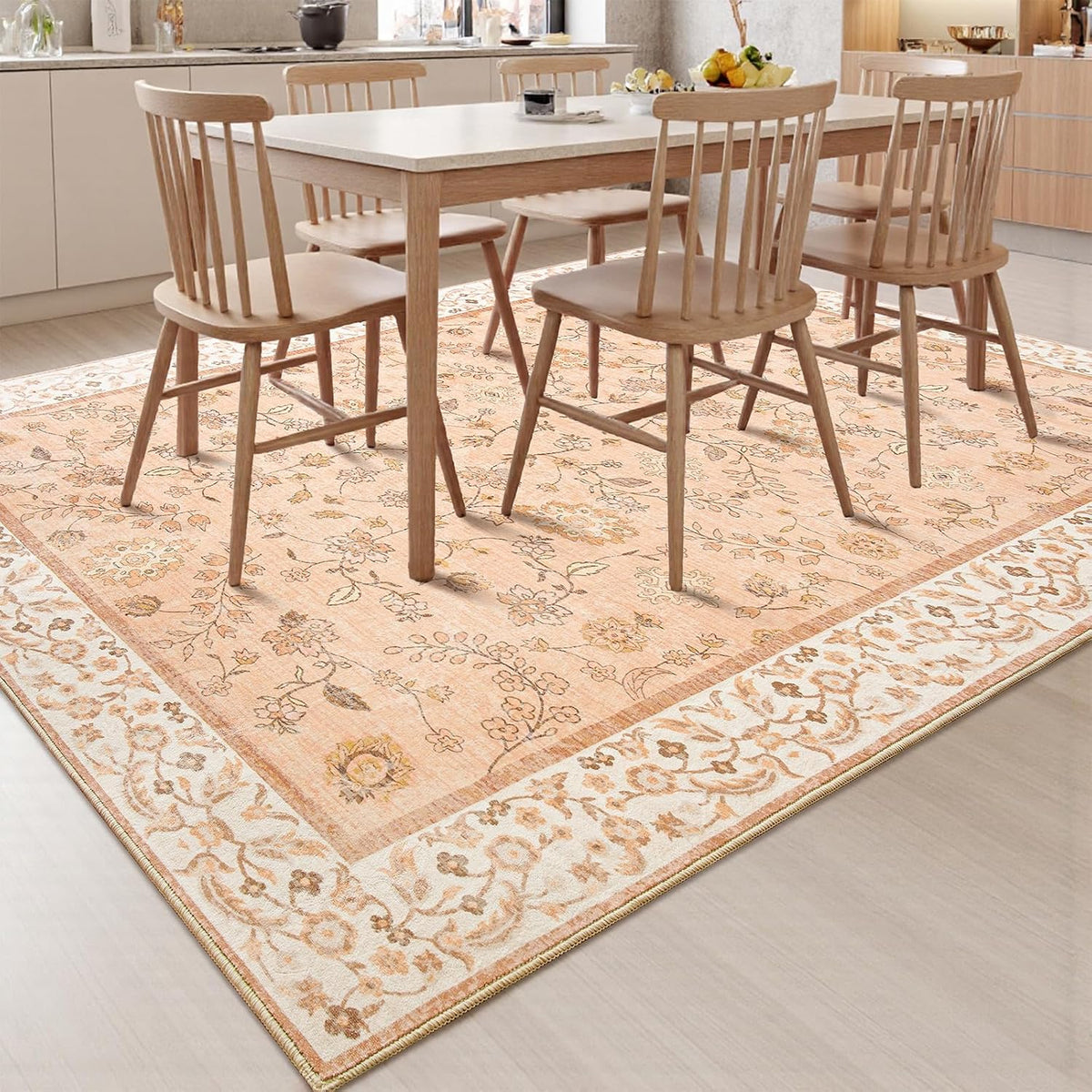 Peach Rug for Girls Room, 4x6 Floral Washable Area Rug Non Slip, Boho Low Pile Carpet with Rubber Backing for Bedroom Living Room Bathroom Playroom Nursery Office