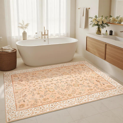 Peach Rug for Girls Room, 4x6 Floral Washable Area Rug Non Slip, Boho Low Pile Carpet with Rubber Backing for Bedroom Living Room Bathroom Playroom Nursery Office