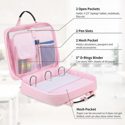 Zipper Binder 3 Ring 3-inch with Shoulder Strap & Backpack Straps, Large Zip Up Binder700 Sheets Capacity, Pink