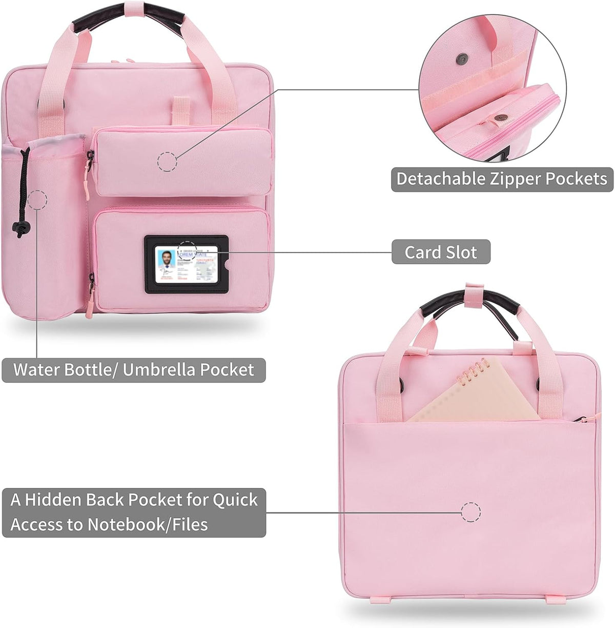 Zipper Binder 3 Ring 3-inch with Shoulder Strap & Backpack Straps, Large Zip Up Binder700 Sheets Capacity, Pink