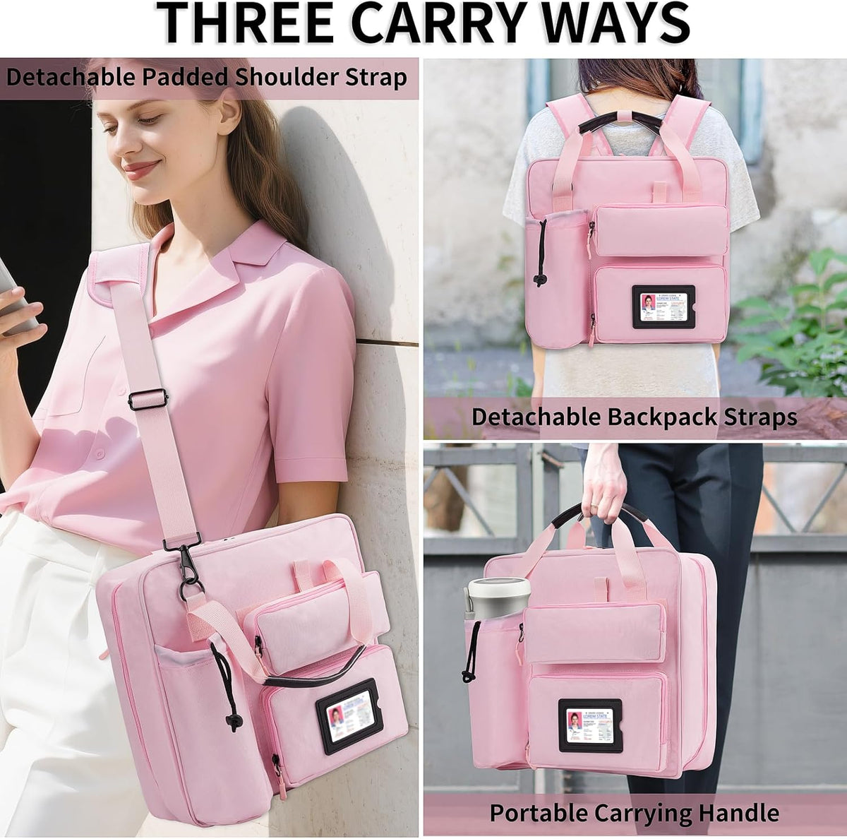 Zipper Binder 3 Ring 3-inch with Shoulder Strap & Backpack Straps, Large Zip Up Binder700 Sheets Capacity, Pink
