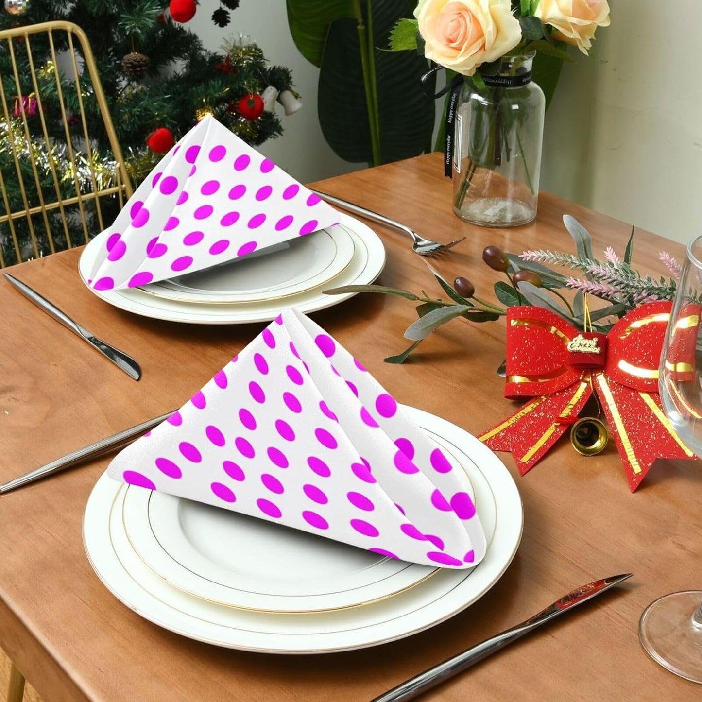 Pink Polka Dots Cloth Napkins Set of 4, Reusable Washable Dinner Table Napkins for Wedding Banquets Party Decor, 20x20 Inch