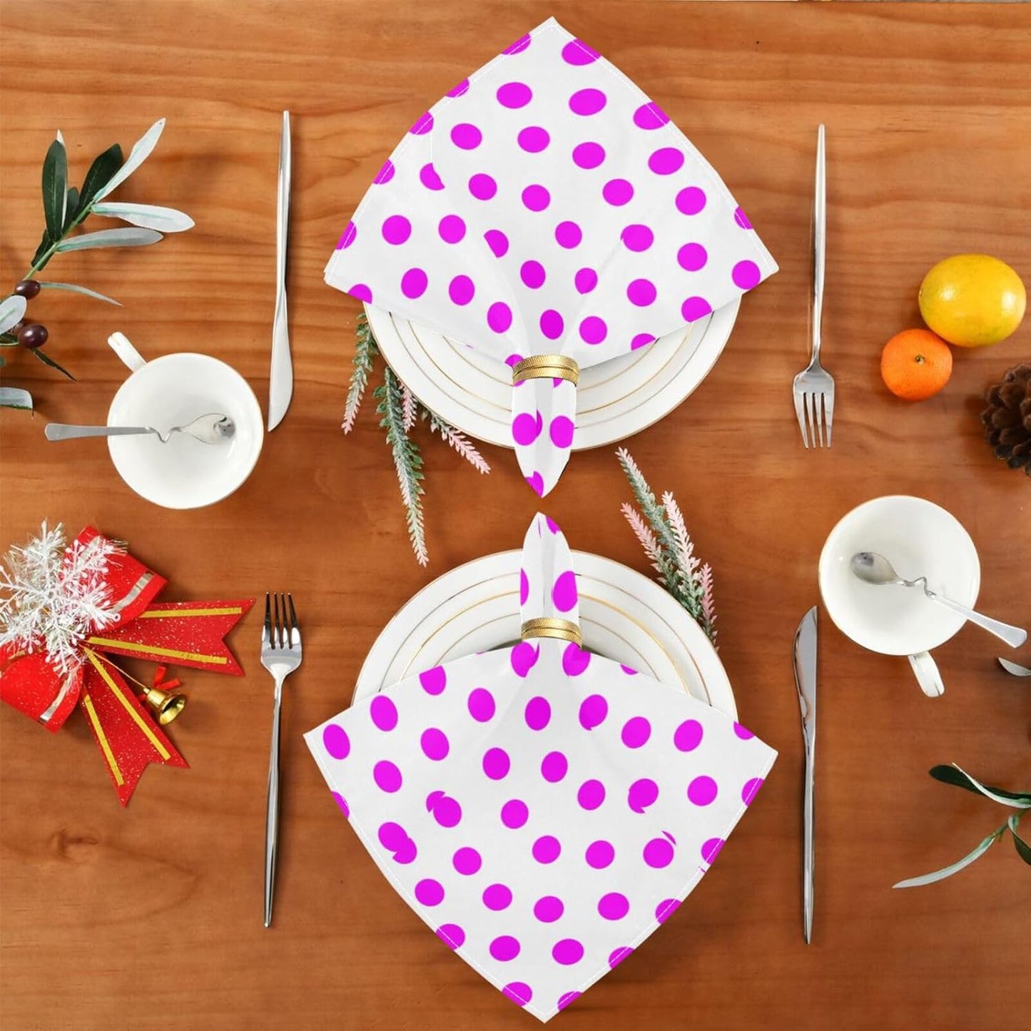 Pink Polka Dots Cloth Napkins Set of 4, Reusable Washable Dinner Table Napkins for Wedding Banquets Party Decor, 20x20 Inch