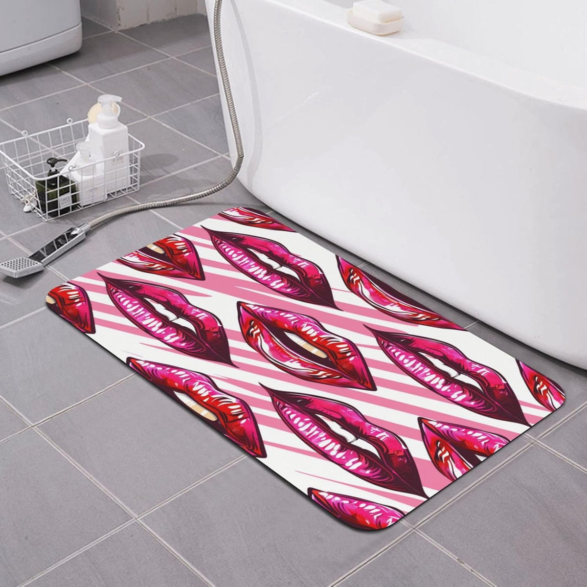 Pink Mouth Stripes Absorbent Bath Mat Non Slip Washable Doormat 19.7x31.5 in Quick Dry Shower Mat Thin Floor Rug for Bathroom Kitchen Entryway