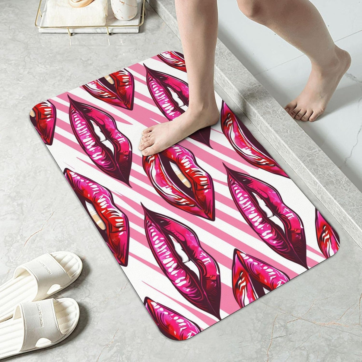 Pink Mouth Stripes Absorbent Bath Mat Non Slip Washable Doormat 19.7x31.5 in Quick Dry Shower Mat Thin Floor Rug for Bathroom Kitchen Entryway