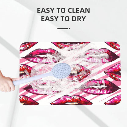 Pink Mouth Stripes Absorbent Bath Mat Non Slip Washable Doormat 19.7x31.5 in Quick Dry Shower Mat Thin Floor Rug for Bathroom Kitchen Entryway