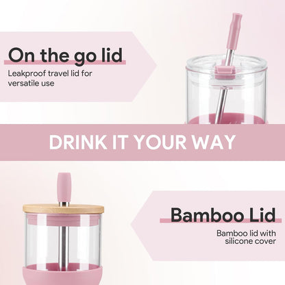 Glass Tumbler with Lids and Straws, 20 oz Iced Coffee Cup and Smoothie Cup with Bamboo Lid and On the go Lid,Glass Cups With Straws