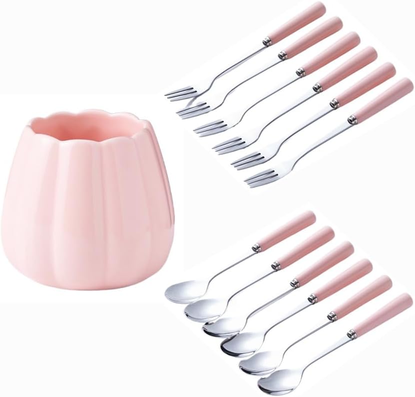 (12 Pieces) Stainless Steel Fruit Fork Set Light Luxury Ceramic Storage Jar Pick Household Watermelon Spoon (Pink)