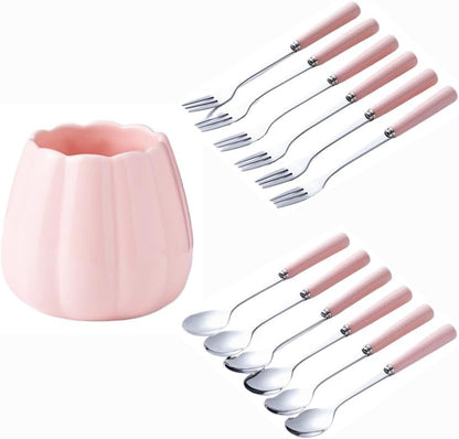 (12 Pieces) Stainless Steel Fruit Fork Set Light Luxury Ceramic Storage Jar Pick Household Watermelon Spoon (Pink)