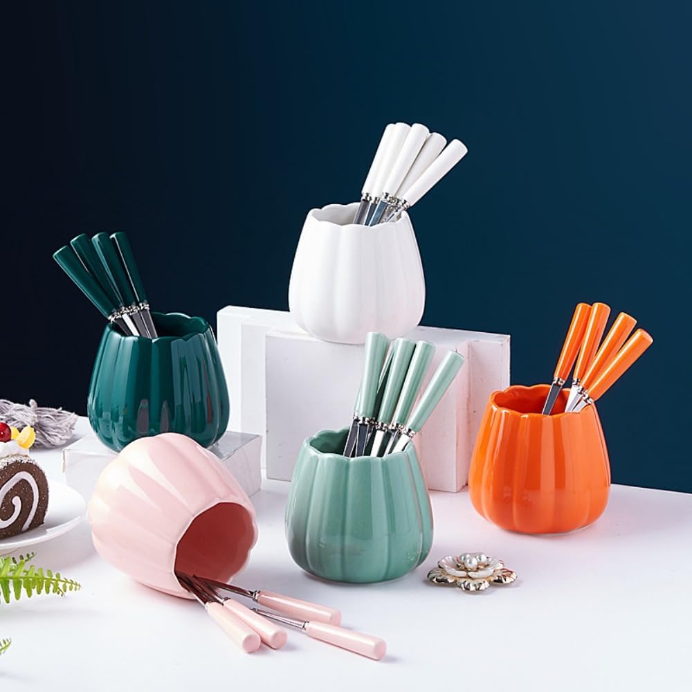 (12 Pieces) Stainless Steel Fruit Fork Set Light Luxury Ceramic Storage Jar Pick Household Watermelon Spoon (Pink)