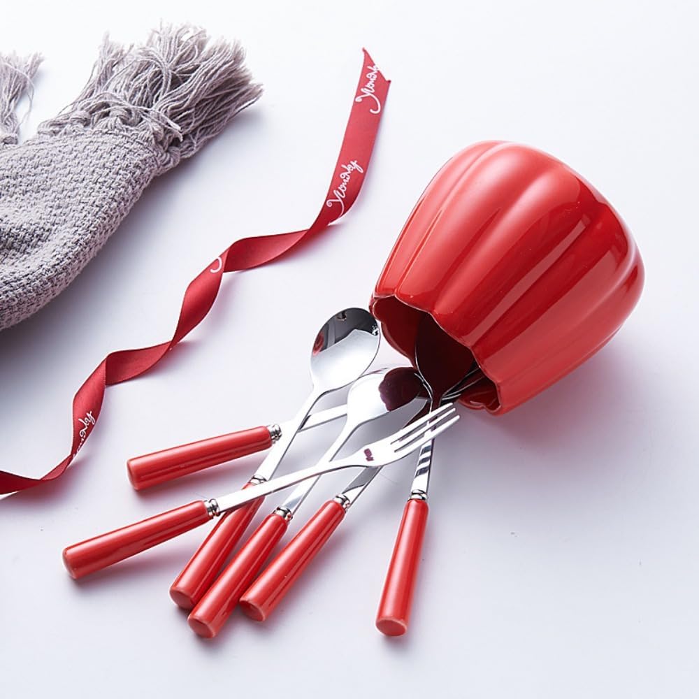 (12 Pieces) Stainless Steel Fruit Fork Set Light Luxury Ceramic Storage Jar Pick Household Watermelon Spoon (Pink)