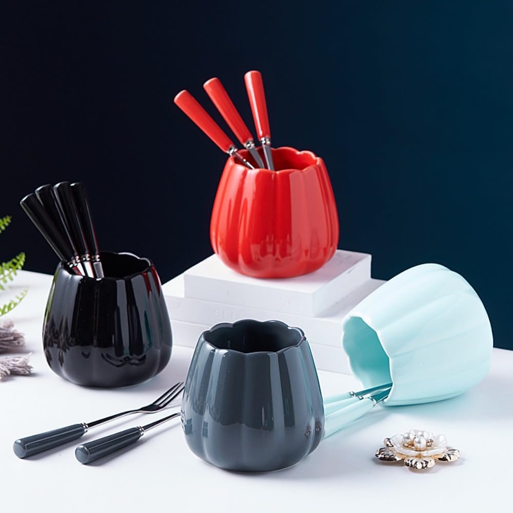 (12 Pieces) Stainless Steel Fruit Fork Set Light Luxury Ceramic Storage Jar Pick Household Watermelon Spoon (Pink)