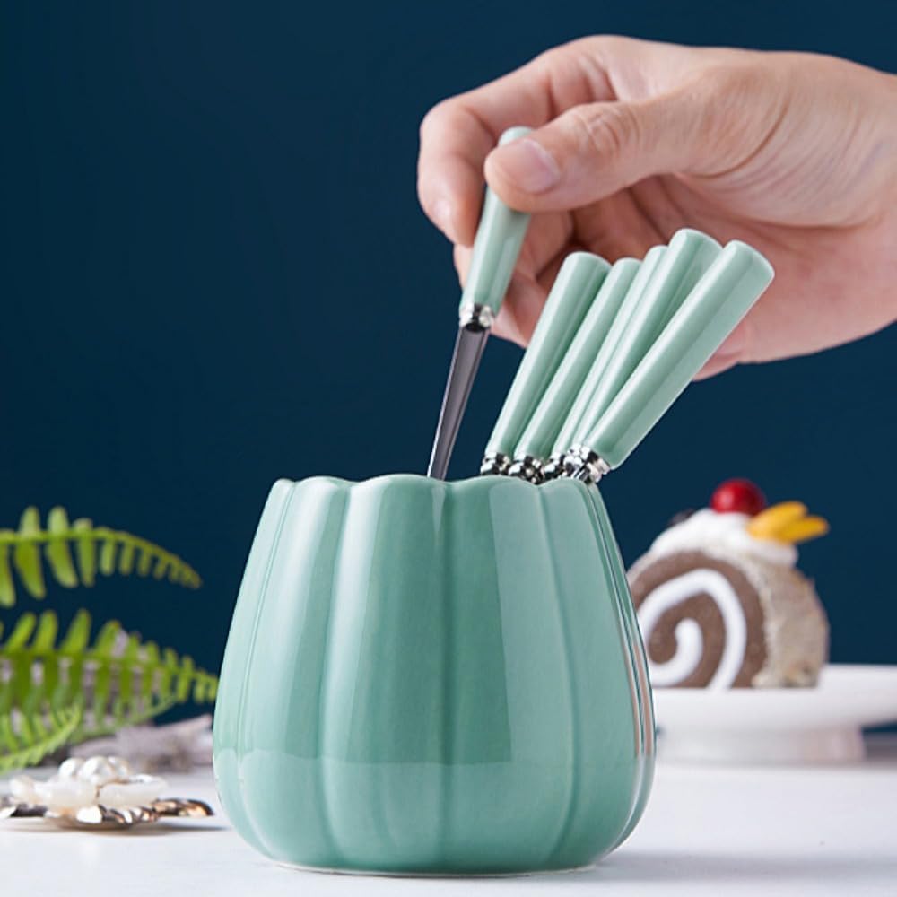 (12 Pieces) Stainless Steel Fruit Fork Set Light Luxury Ceramic Storage Jar Pick Household Watermelon Spoon (Pink)