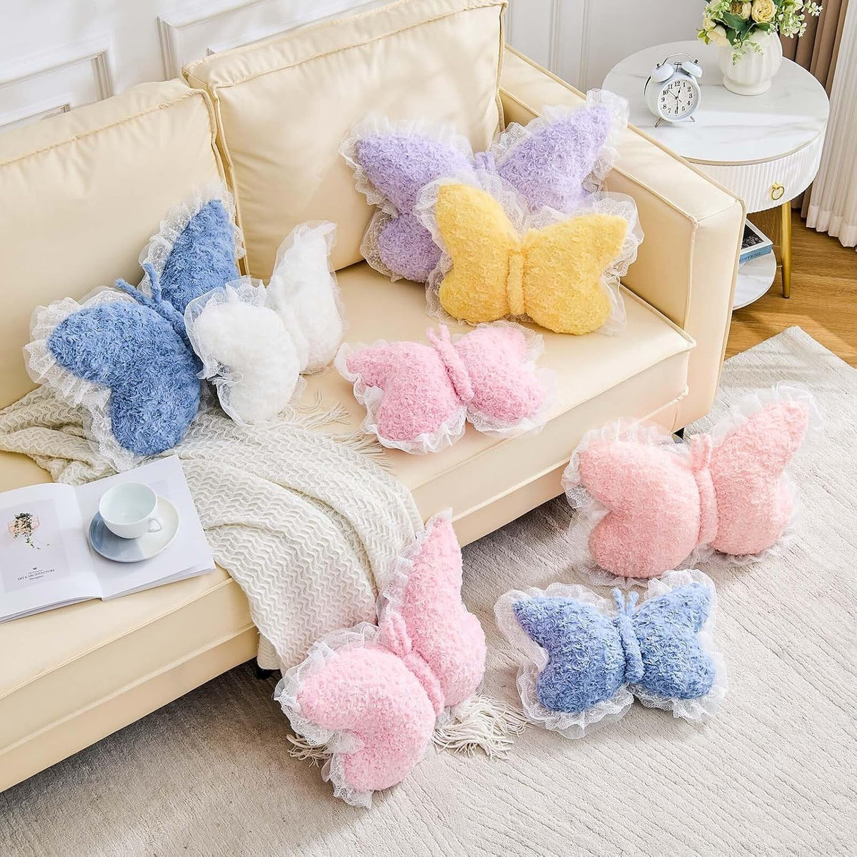 Butterfly Pillow Pink Decorative Pillows 15" Butterfly Shaped Cute Throw Pillows with Lace Aesthetic Bow Plush Cushion for Room Decor Bed Sofa Couch
