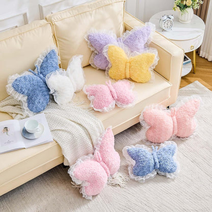 Butterfly Pillow Pink Decorative Pillows 15" Butterfly Shaped Cute Throw Pillows with Lace Aesthetic Bow Plush Cushion for Room Decor Bed Sofa Couch