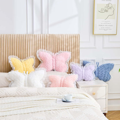 Butterfly Pillow Pink Decorative Pillows 15" Butterfly Shaped Cute Throw Pillows with Lace Aesthetic Bow Plush Cushion for Room Decor Bed Sofa Couch