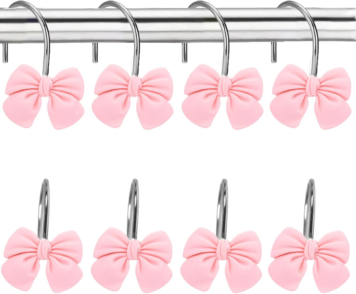 12 Pink Bow Resin Shower Curtain Hooks - Cute Bathroom Decor for Girls, Princesses and Glam Style