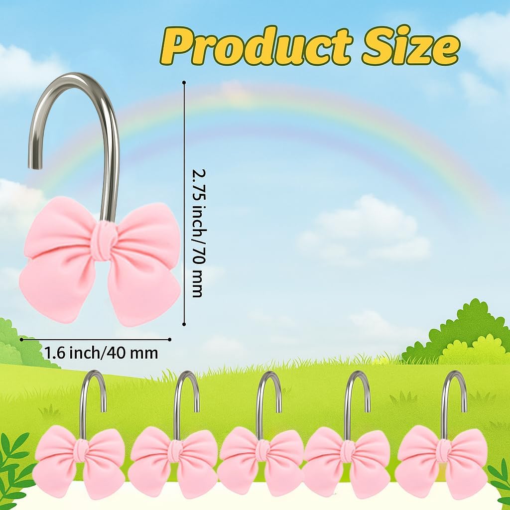 12 Pink Bow Resin Shower Curtain Hooks - Cute Bathroom Decor for Girls, Princesses and Glam Style