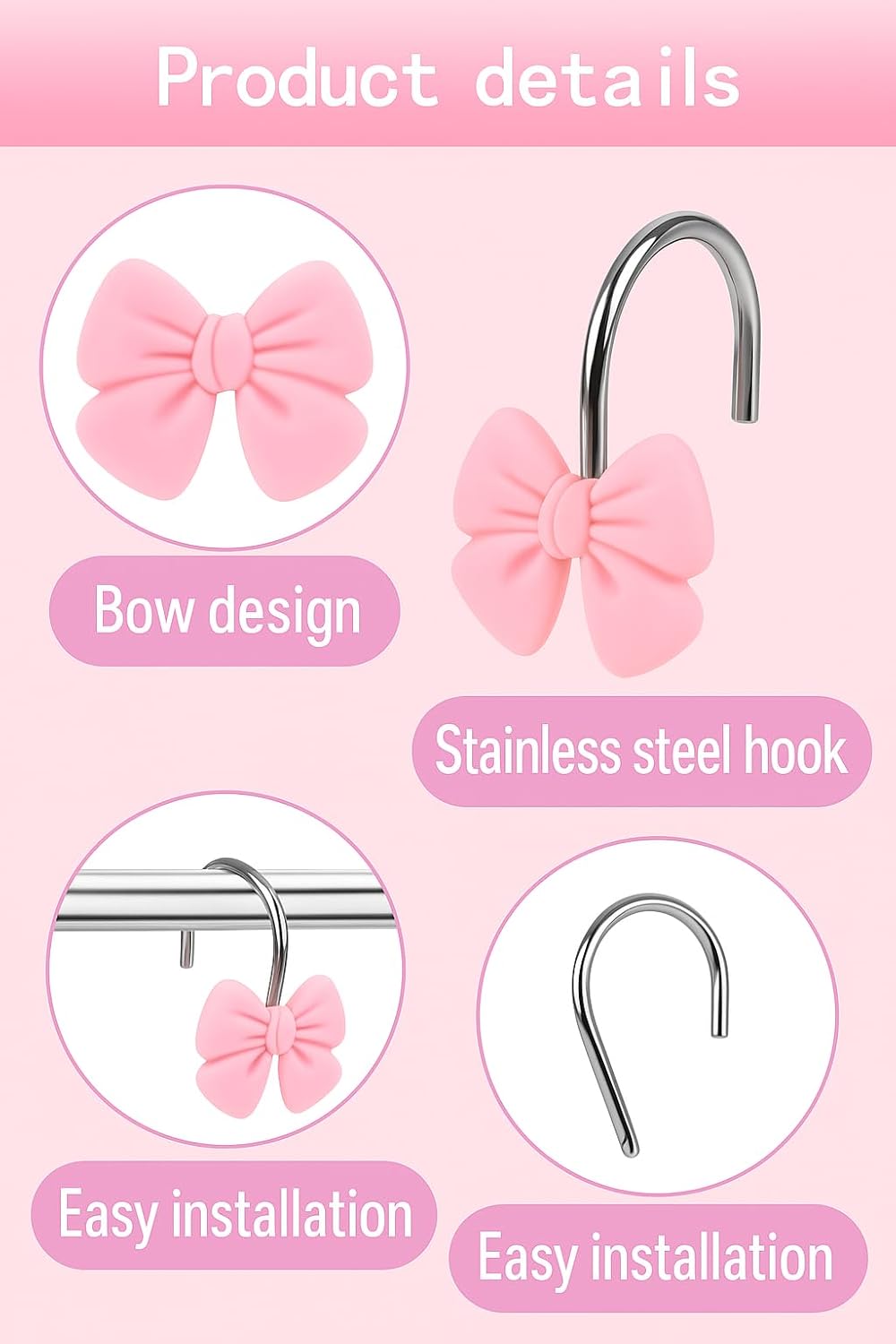 12 Pink Bow Resin Shower Curtain Hooks - Cute Bathroom Decor for Girls, Princesses and Glam Style
