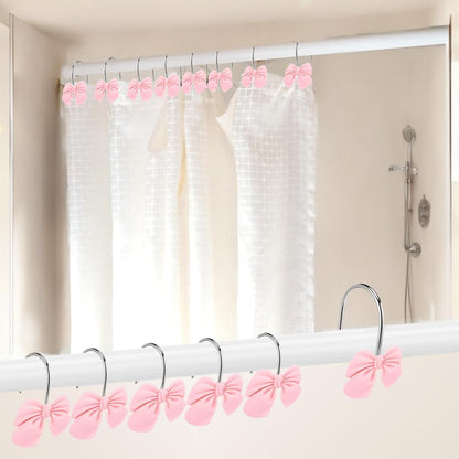 12 Pink Bow Resin Shower Curtain Hooks - Cute Bathroom Decor for Girls, Princesses and Glam Style