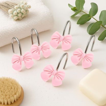 12 Pink Bow Resin Shower Curtain Hooks - Cute Bathroom Decor for Girls, Princesses and Glam Style