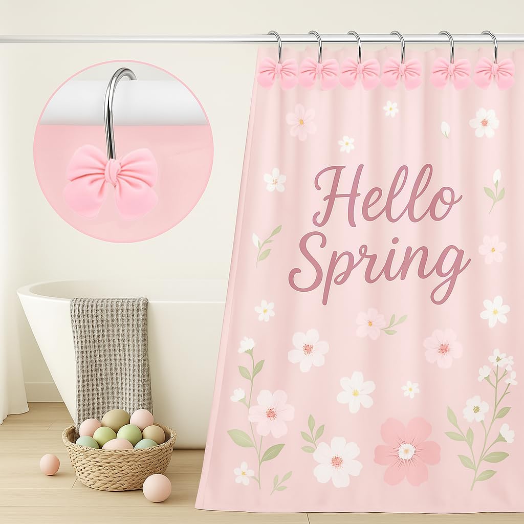 12 Pink Bow Resin Shower Curtain Hooks - Cute Bathroom Decor for Girls, Princesses and Glam Style