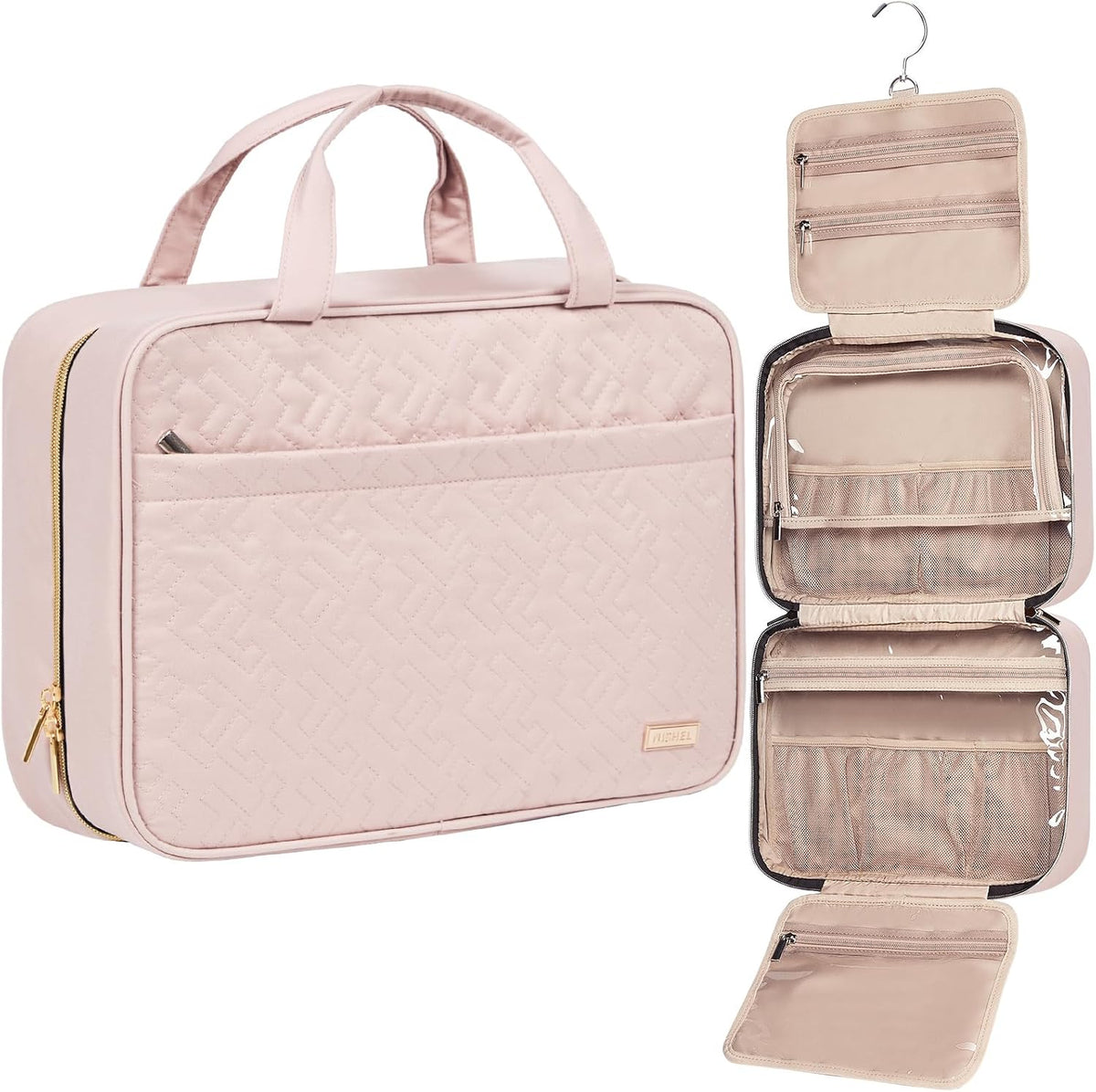 Travel Toiletry Bag for women, Portable Hanging Organizer for Family-Sized Shampoo, Conditioner, Brushes Set, Makeup Accessories, Extra Large Size, Pink