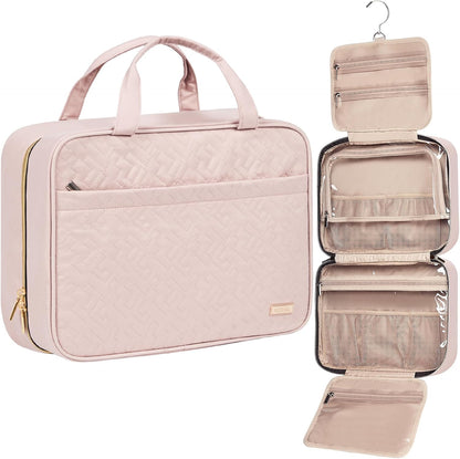 Travel Toiletry Bag for women, Portable Hanging Organizer for Family-Sized Shampoo, Conditioner, Brushes Set, Makeup Accessories, Extra Large Size, Pink