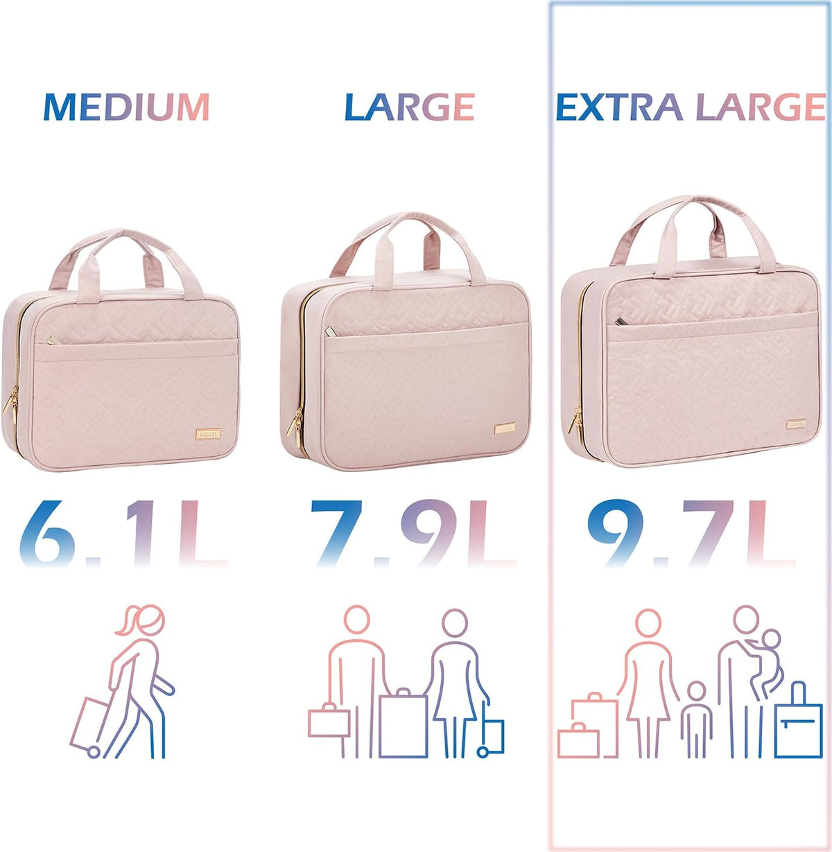 Travel Toiletry Bag for women, Portable Hanging Organizer for Family-Sized Shampoo, Conditioner, Brushes Set, Makeup Accessories, Extra Large Size, Pink