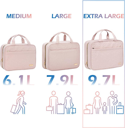 Travel Toiletry Bag for women, Portable Hanging Organizer for Family-Sized Shampoo, Conditioner, Brushes Set, Makeup Accessories, Extra Large Size, Pink