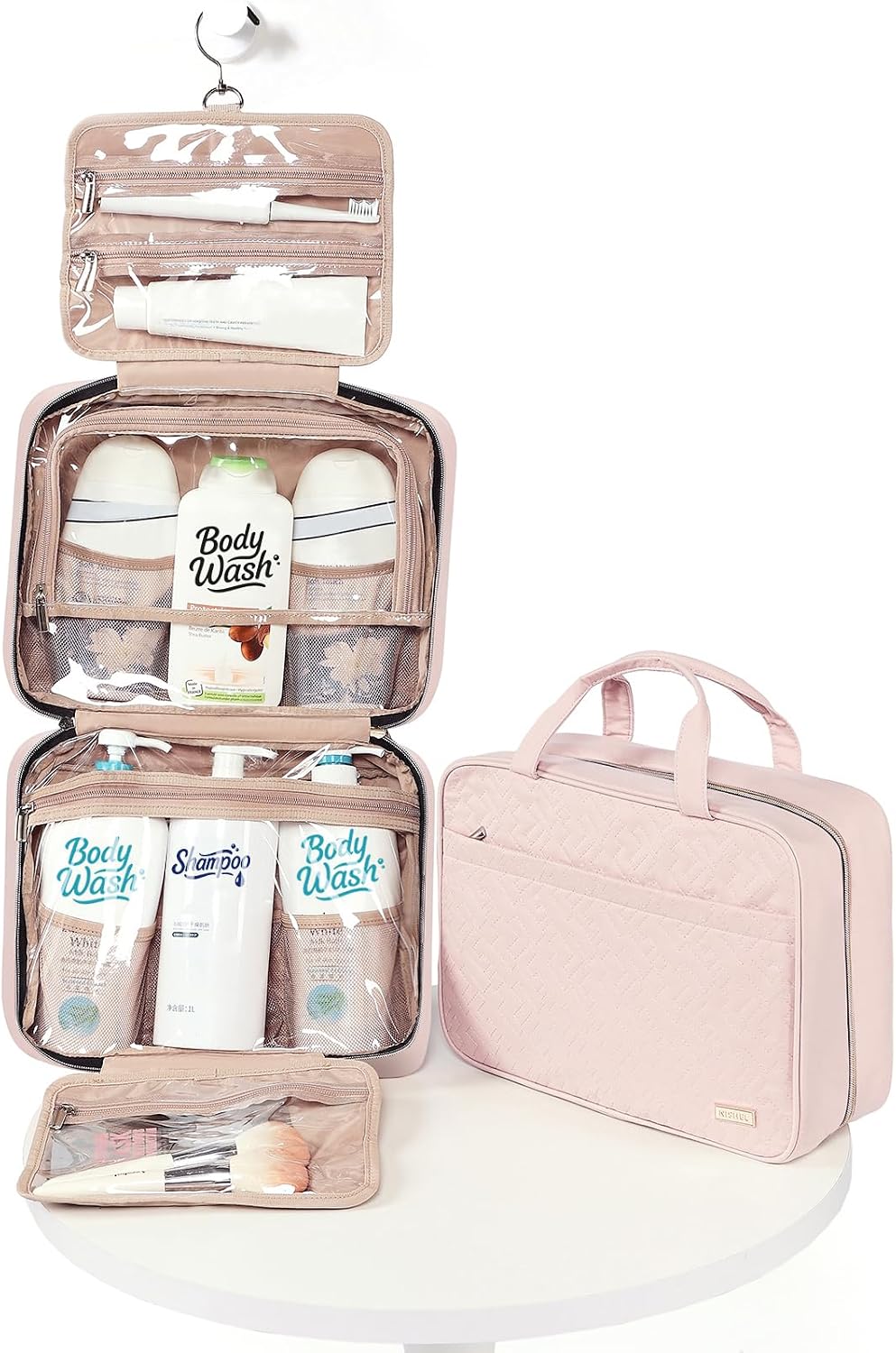 Travel Toiletry Bag for women, Portable Hanging Organizer for Family-Sized Shampoo, Conditioner, Brushes Set, Makeup Accessories, Extra Large Size, Pink