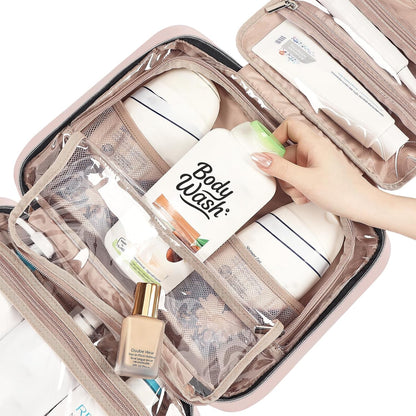Travel Toiletry Bag for women, Portable Hanging Organizer for Family-Sized Shampoo, Conditioner, Brushes Set, Makeup Accessories, Extra Large Size, Pink