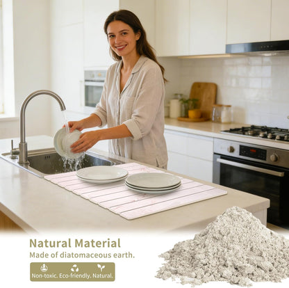 Stone Dish Drying Mat - Large Foldable Marbled Quick Drying Dish Mats With Stone Coasters Set of 4 Collapsible Ultra Absorbent Diatomaceous Earth Mats for Kitchen Counter Bathroom (Pink)