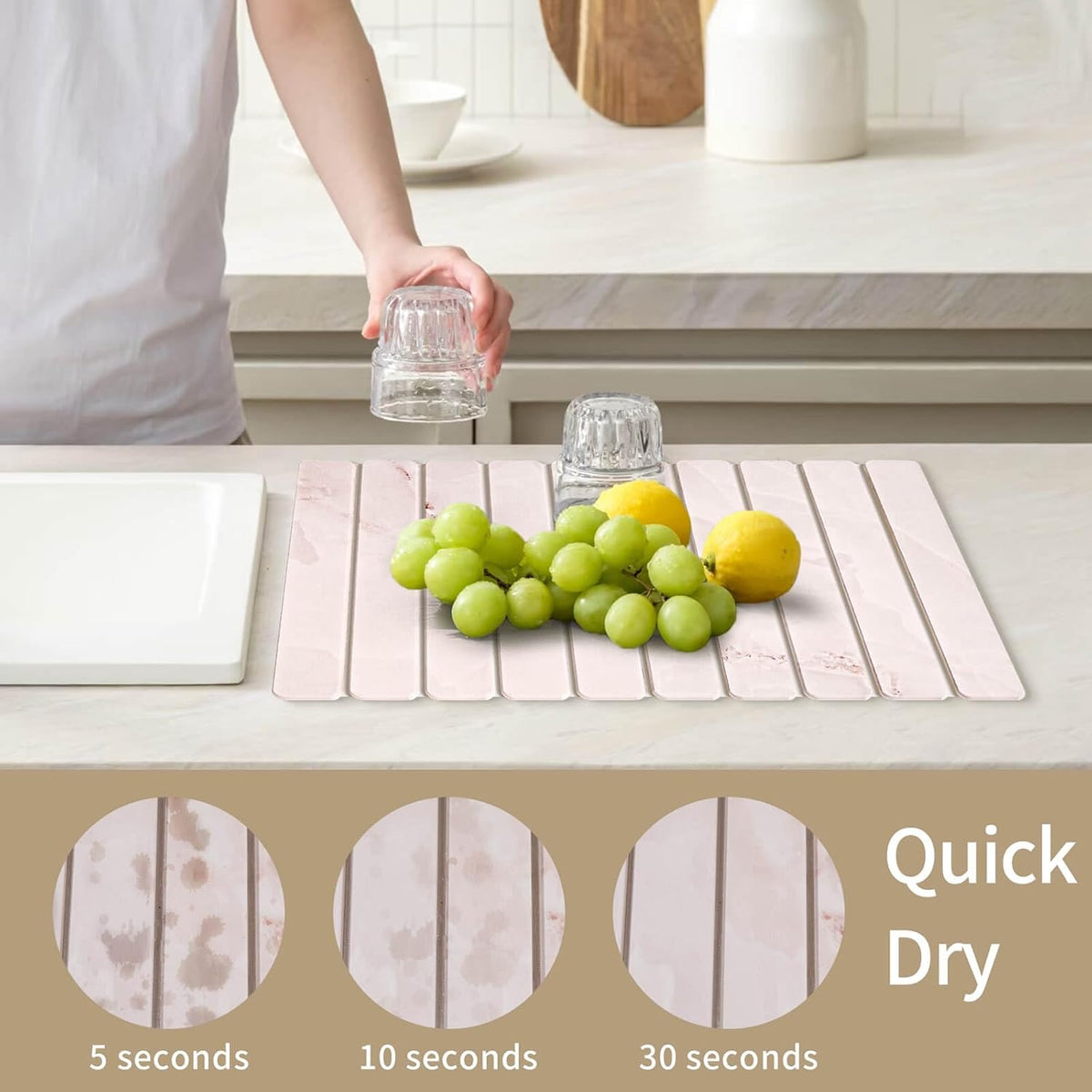 Stone Dish Drying Mat - Large Foldable Marbled Quick Drying Dish Mats With Stone Coasters Set of 4 Collapsible Ultra Absorbent Diatomaceous Earth Mats for Kitchen Counter Bathroom (Pink)
