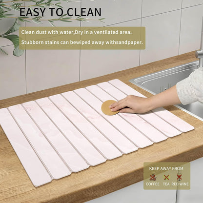 Stone Dish Drying Mat - Large Foldable Marbled Quick Drying Dish Mats With Stone Coasters Set of 4 Collapsible Ultra Absorbent Diatomaceous Earth Mats for Kitchen Counter Bathroom (Pink)