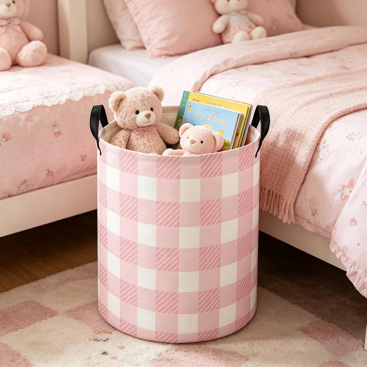Pink Laundry Hamper Baby Nursery Hamper Waterproof Foldable Kids Laundry Basket Kids Dirty Clothes Hampers Girl Room Decor for Home Gift Baskets(Pink Grid)