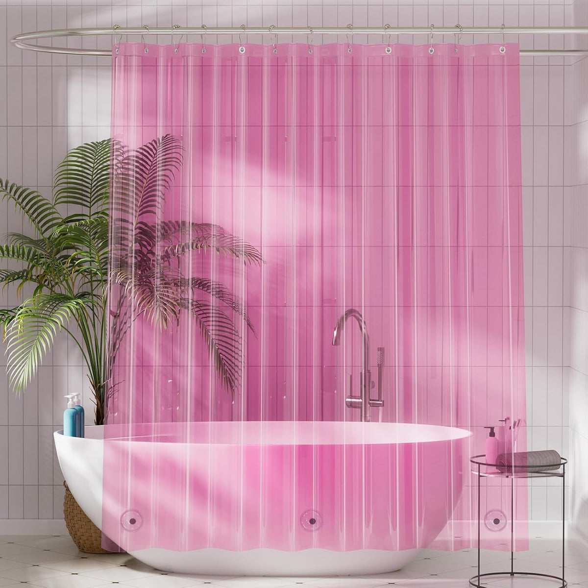 Shower Curtain Liner, Plastic Shower Liner PEVA 72 x 72 Lightweight Waterproof Shower Curtains for Bathroom with Magnets and Grommets, Clear Pink