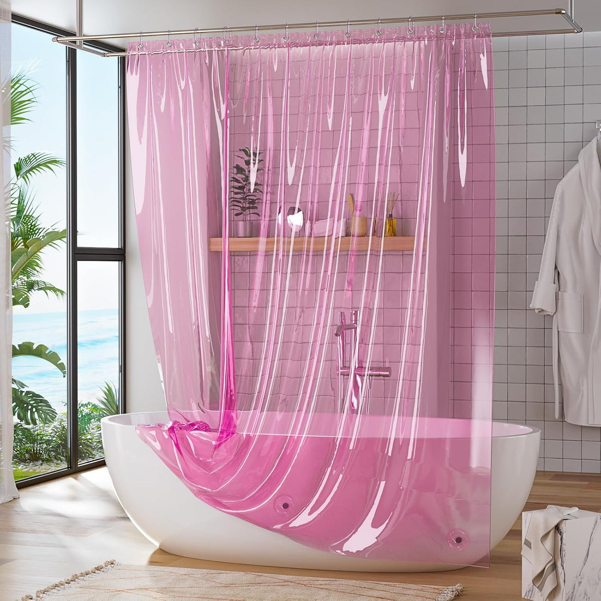 Shower Curtain Liner, Plastic Shower Liner PEVA 72 x 72 Lightweight Waterproof Shower Curtains for Bathroom with Magnets and Grommets, Clear Pink