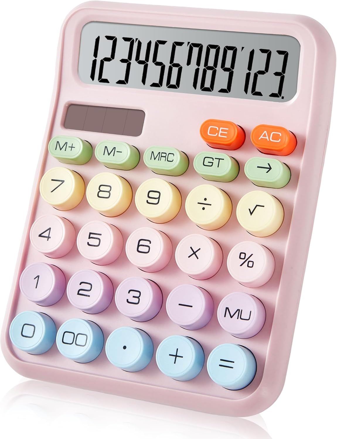 Cute Pink Mechanical Desktop Calculator, Solar Powered, Big Buttons