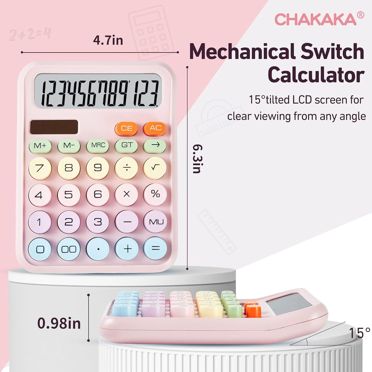 Cute Pink Mechanical Desktop Calculator, Solar Powered, Big Buttons