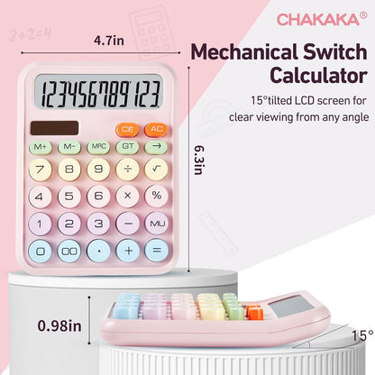 Cute Pink Mechanical Desktop Calculator, Solar Powered, Big Buttons