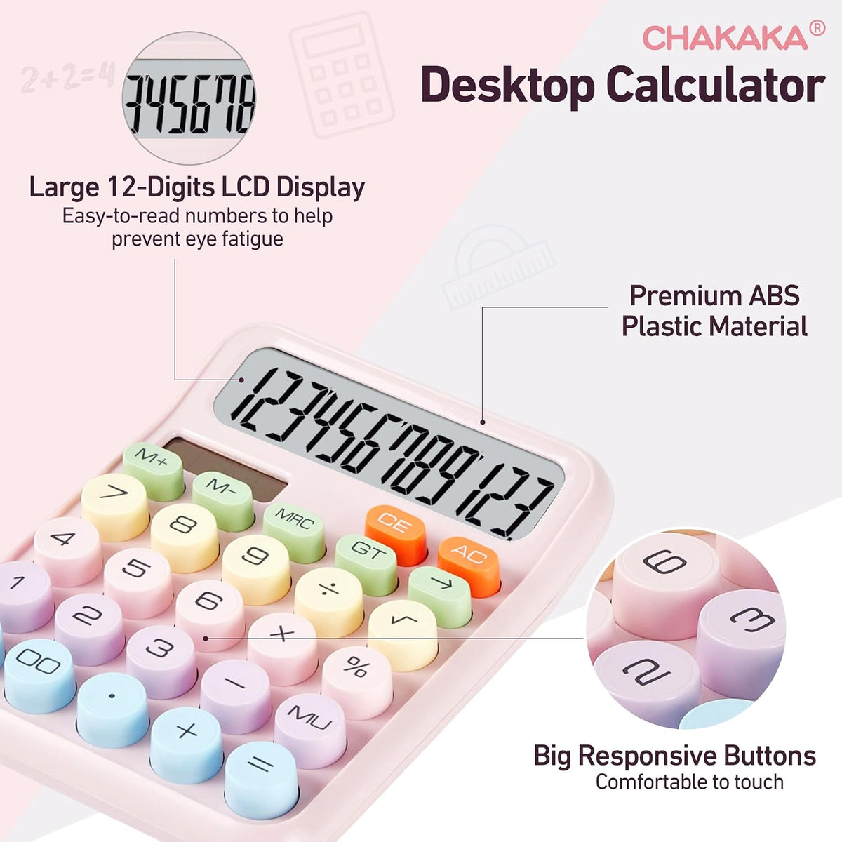 Cute Pink Mechanical Desktop Calculator, Solar Powered, Big Buttons