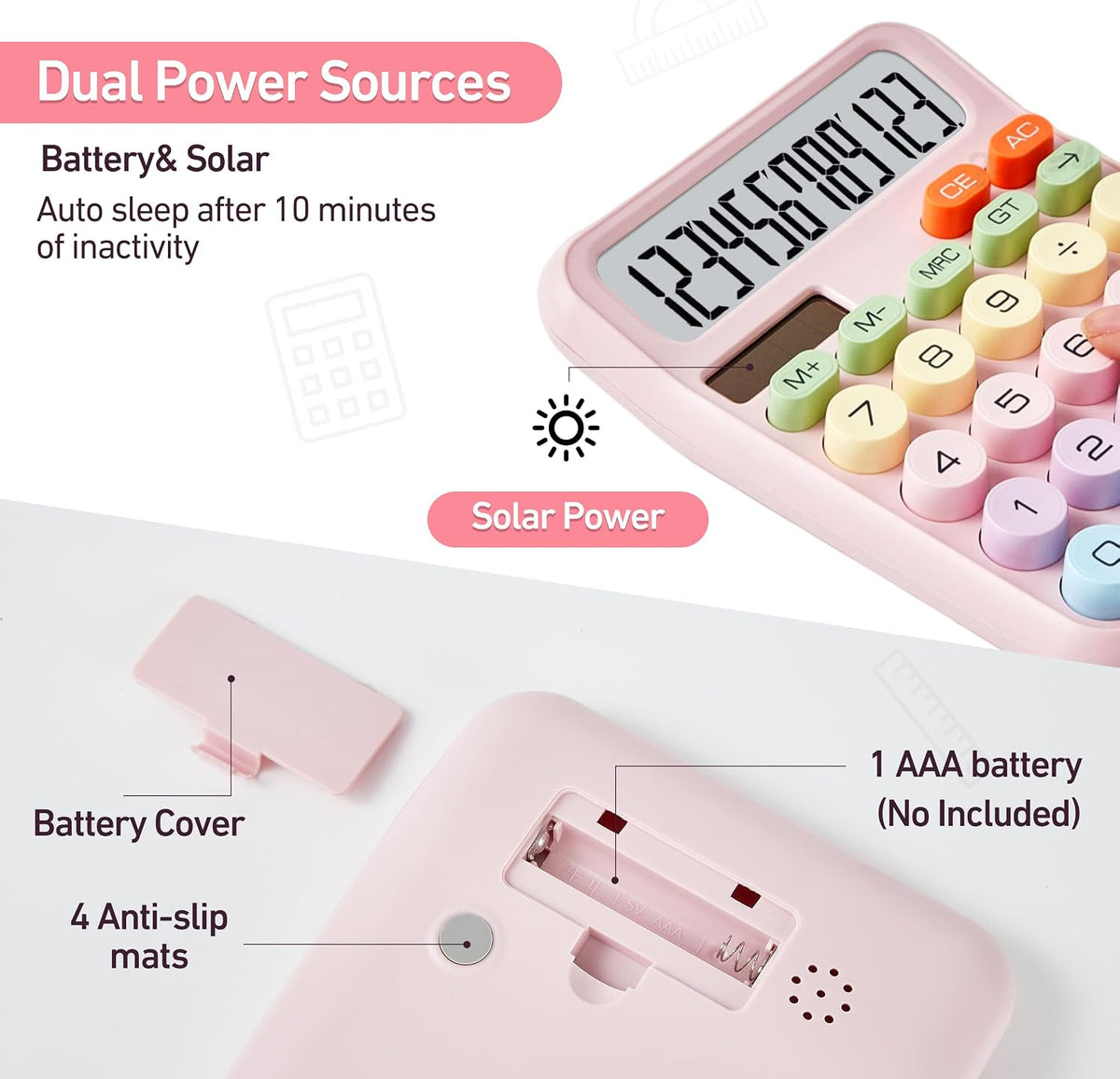 Cute Pink Mechanical Desktop Calculator, Solar Powered, Big Buttons