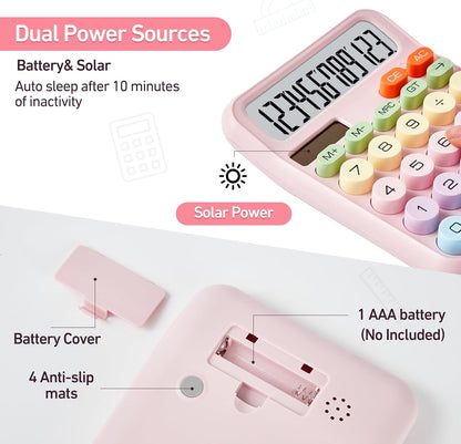 Cute Pink Mechanical Desktop Calculator, Solar Powered, Big Buttons