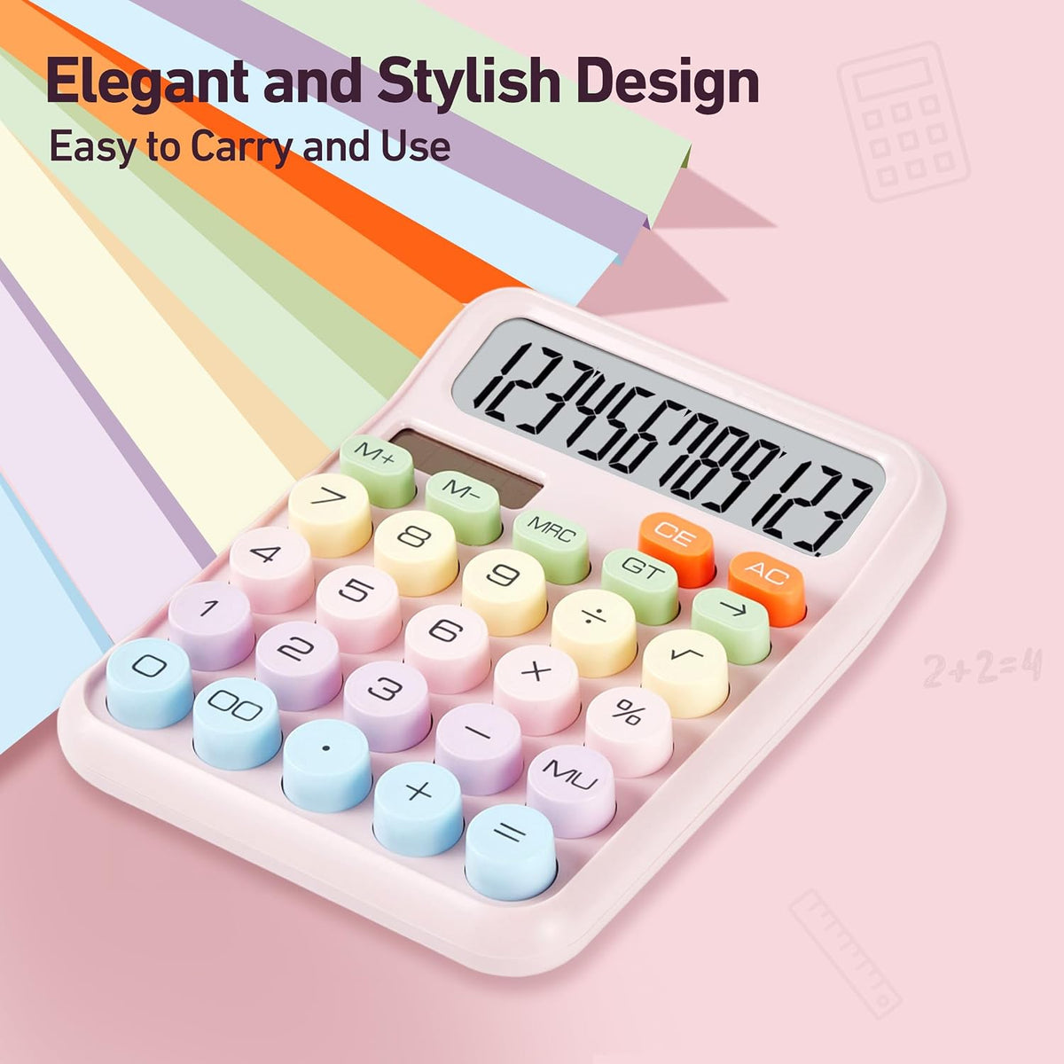 Cute Pink Mechanical Desktop Calculator, Solar Powered, Big Buttons
