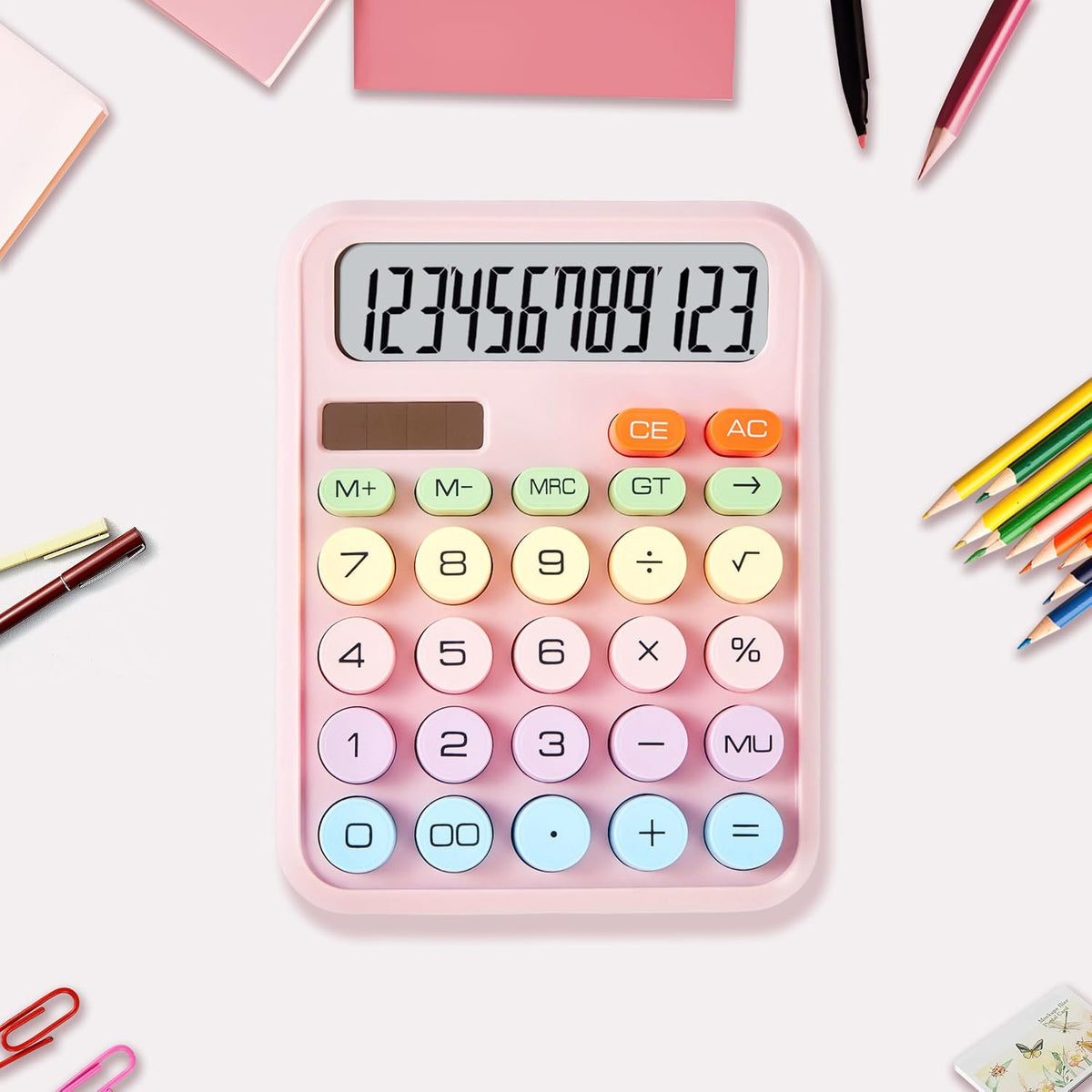 Cute Pink Mechanical Desktop Calculator, Solar Powered, Big Buttons