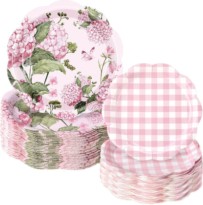 100 Pack Hydrangea Paper Plates 9" & 7" Disposable Checkered Dessert Plate Pink Floral Plaid Dinner Tableware for Wedding Birthday Baby Shower Garden Spring Tea Party Decoration and Supplies